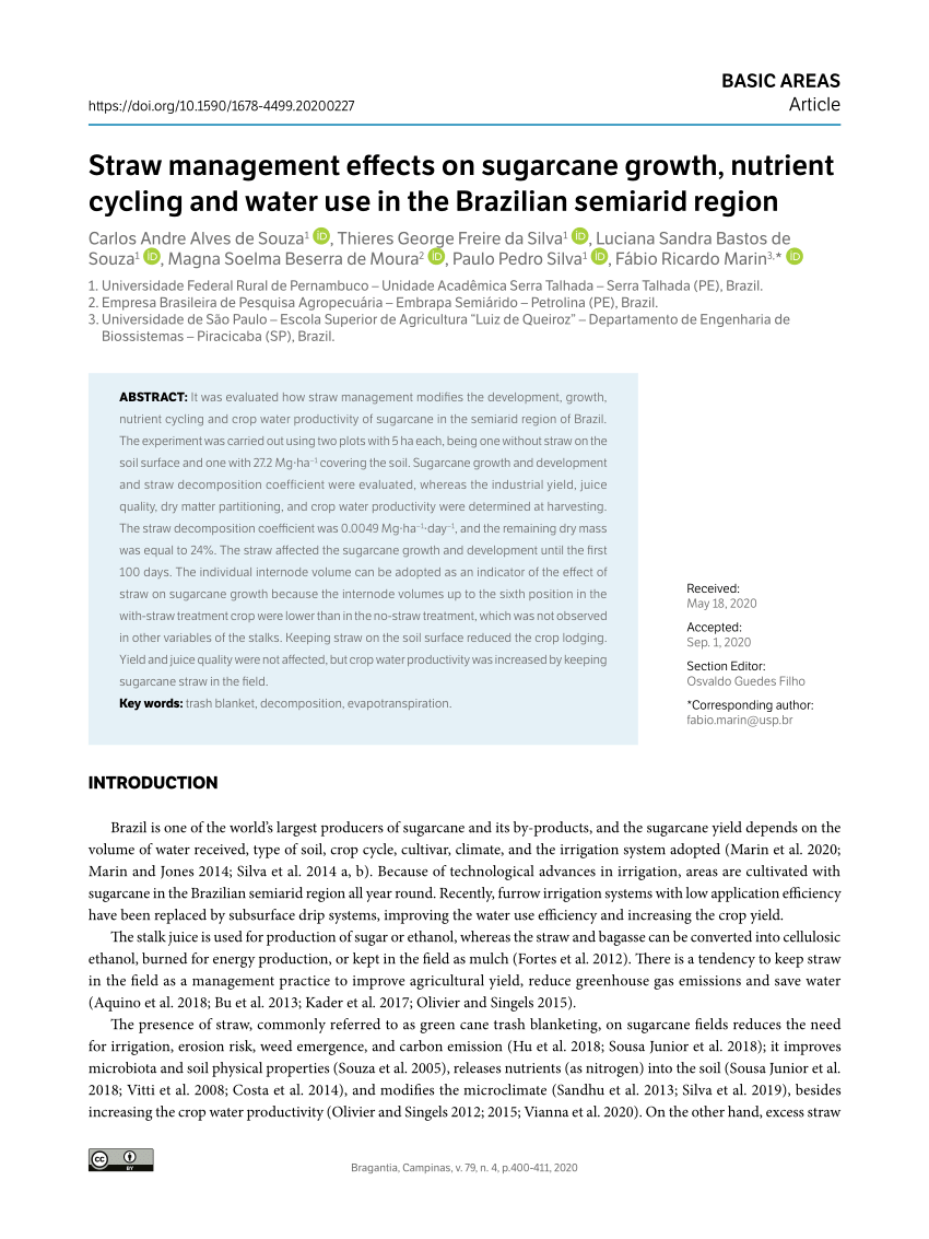 Pdf Straw Management Effects On Sugarcane Growth Nutrient Cycling And Water Use In The Brazilian Semiarid Region
