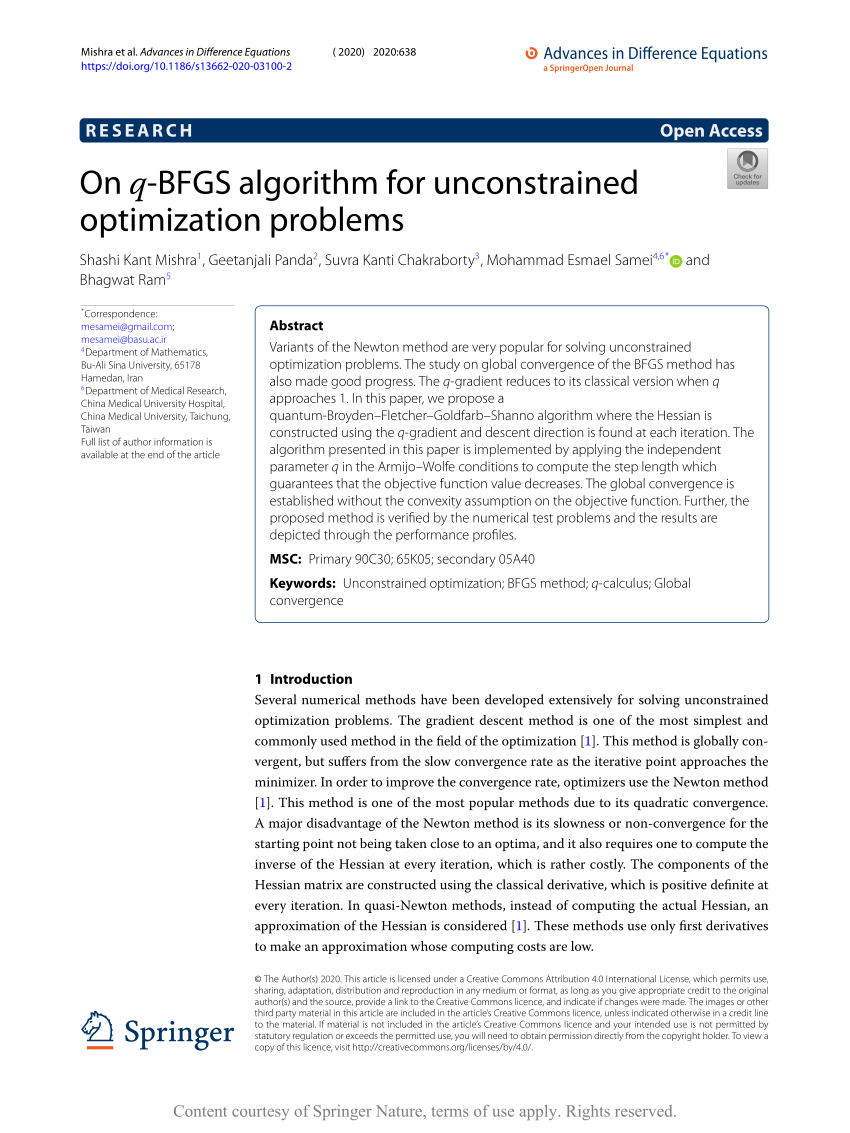 Pdf On Q Bfgs Algorithm For Unconstrained Optimization Problems