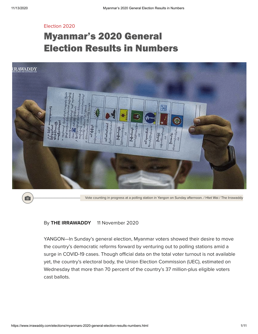 Pdf Election 2020 Myanmar S 2020 General Election Results In Numbers