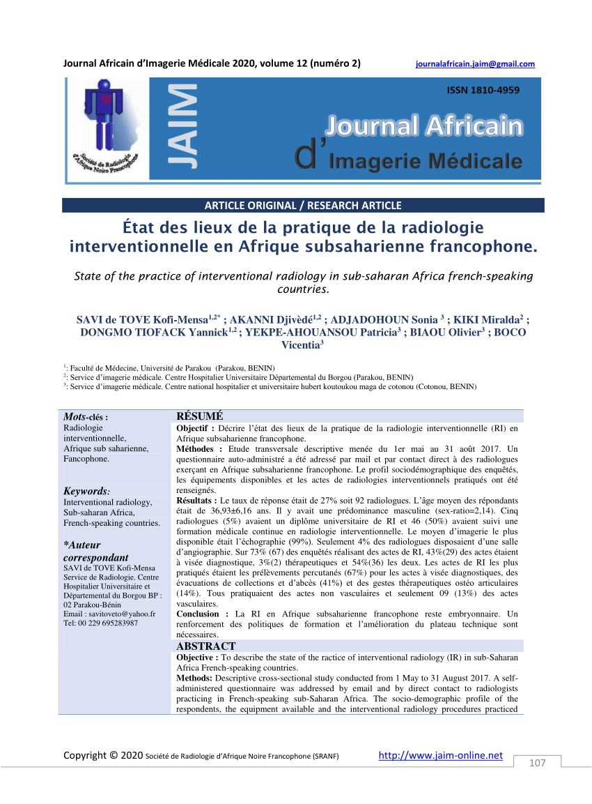 (PDF) Etat des lieux de la pratique de la radiologie interventionnelle