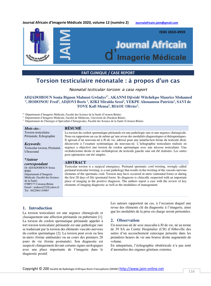 Pdf Torsion Testiculaire Neonatale A Propos D Un Cas