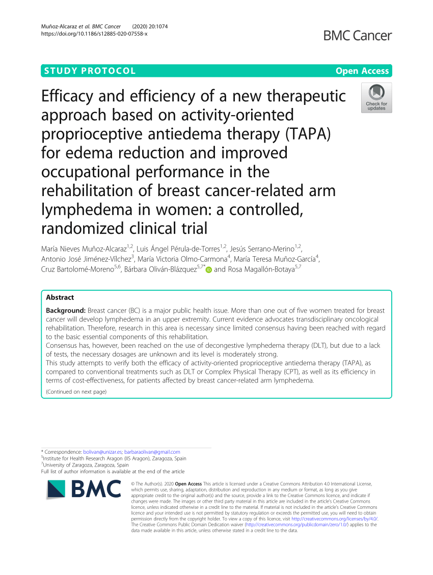 PDF) Efficacy and efficiency of a new therapeutic approach based on  activity-oriented proprioceptive antiedema therapy (TAPA) for edema  reduction and improved occupational performance in the rehabilitation of  breast cancer-related arm lymphedema in