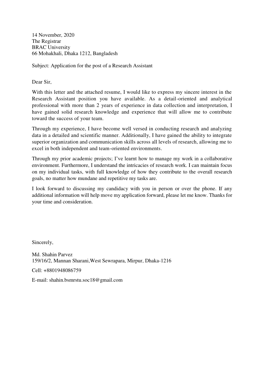 PDF) Research Assistant Cover Letter Md. Shahin Parvez