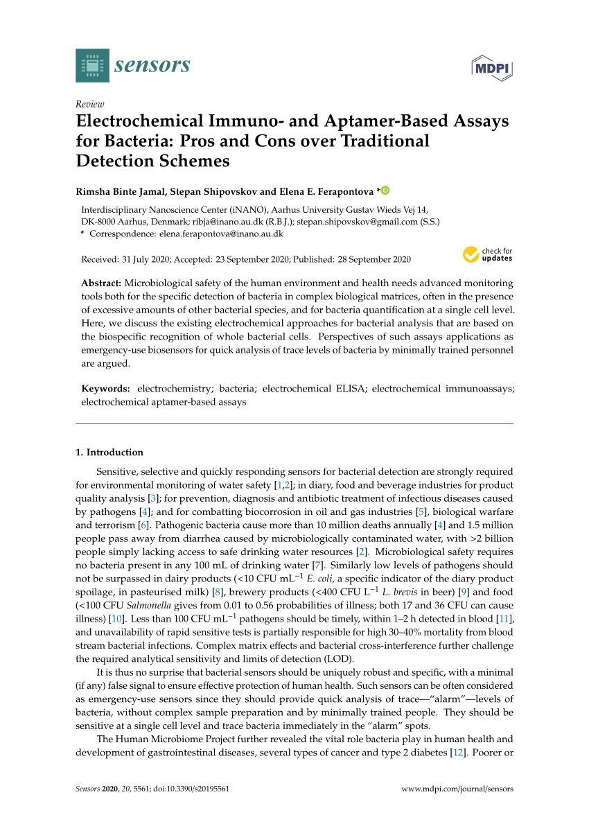 Pdf Electrochemical Immuno And Aptamer Based Assays For Bacteria Pros And Cons Over Traditional Detection Schemes