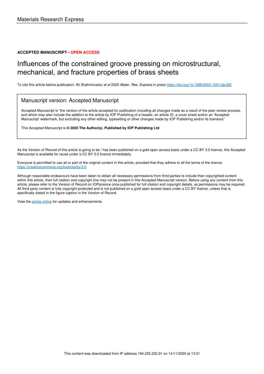 PDF) Influences of the constrained groove pressing on microstructural,  mechanical, and fracture properties of brass sheets