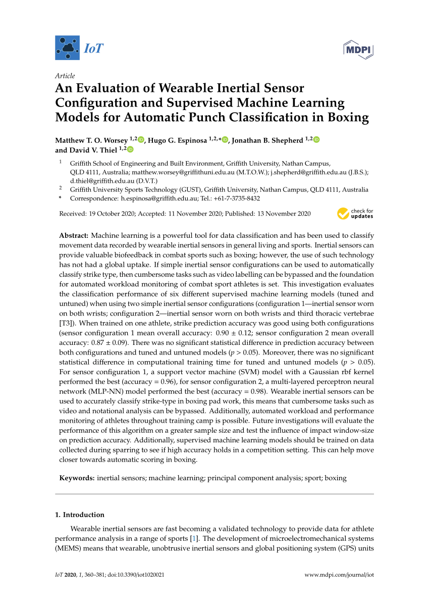 Pdf An Evaluation Of Wearable Inertial Sensor Configuration And Supervised Machine Learning Models For Automatic Punch Classification In Boxing