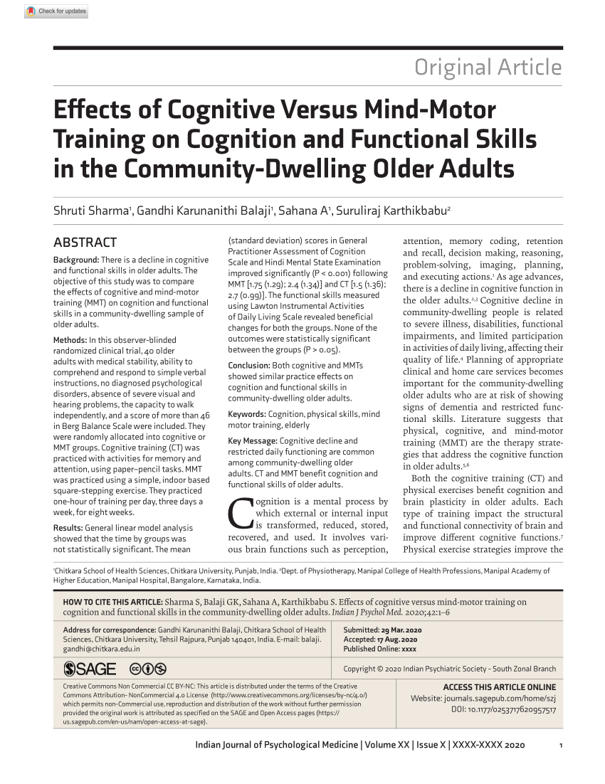 Pdf Effects Of Cognitive Versus Mind Motor Training On Cognition And Functional Skills In The Community Dwelling Older Adults