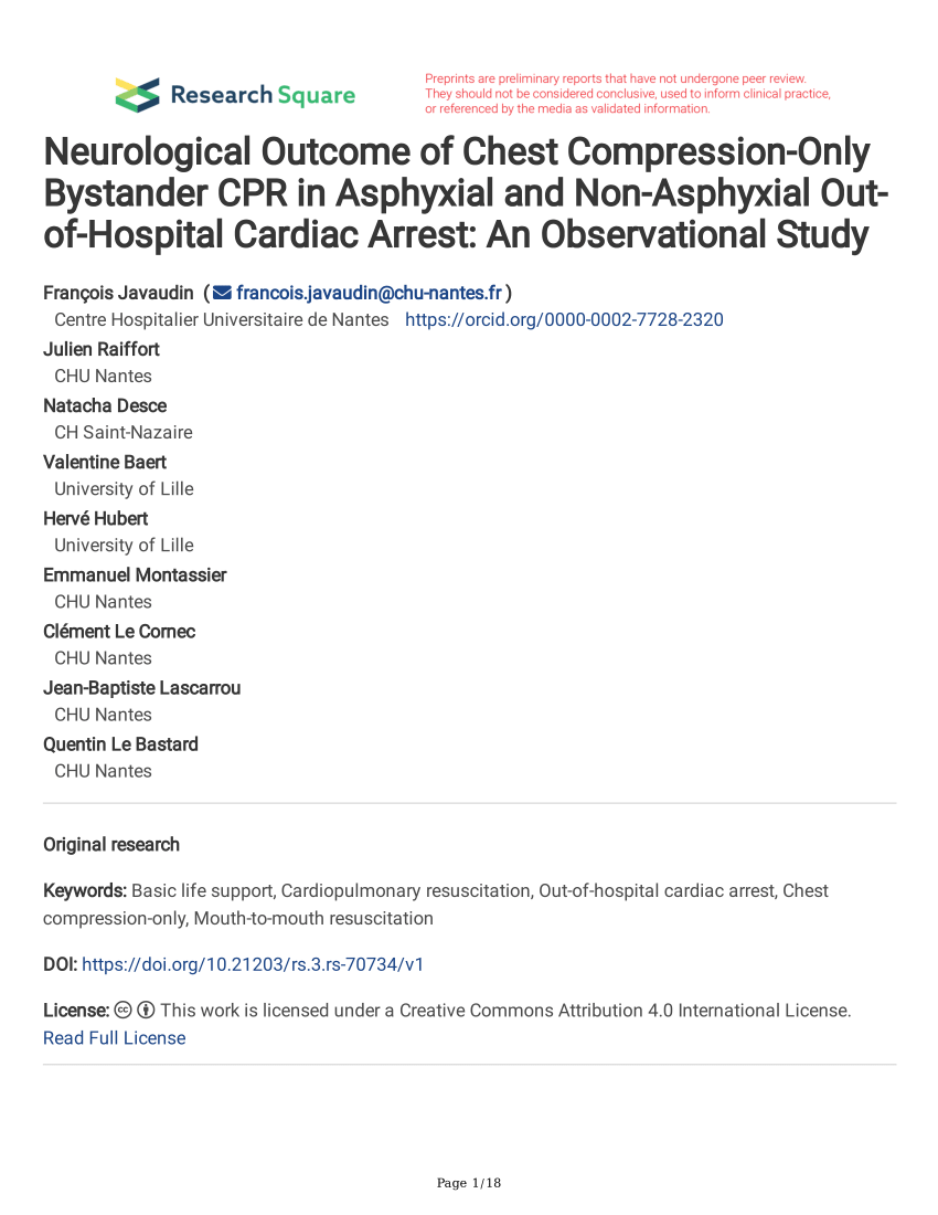 Pdf Neurological Outcome Of Chest Compression Only Bystander Cpr In Asphyxial And Non 6990