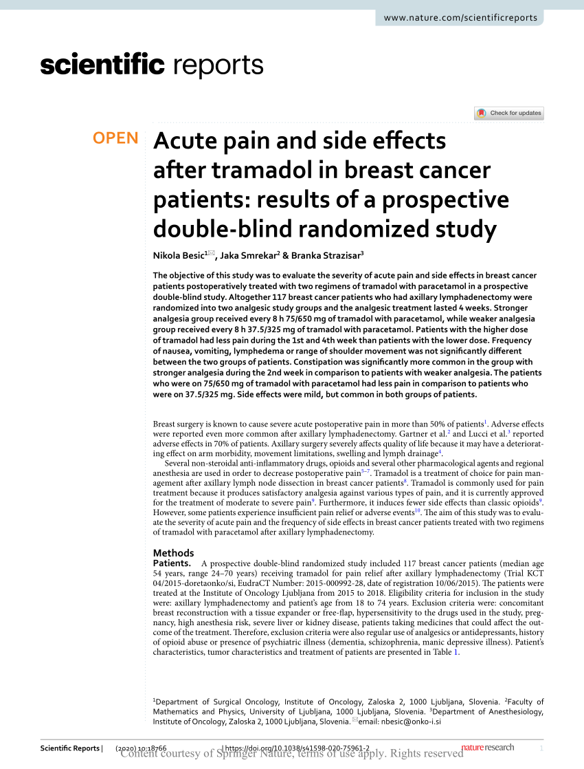 Pdf Acute Pain And Side Effects After Tramadol In Breast Cancer Patients Results Of A Prospective Double Blind Randomized Study