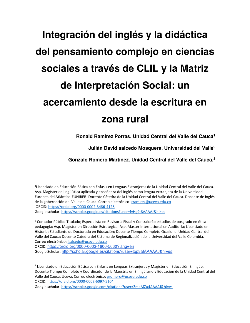 Pdf Integracion Del Ingles Y La Didactica Del Pensamiento Complejo En Ciencias Sociales A Traves De Clil Y La Matriz De Interpretacion Social Un Acercamiento Desde La Escritura En Zona Rural