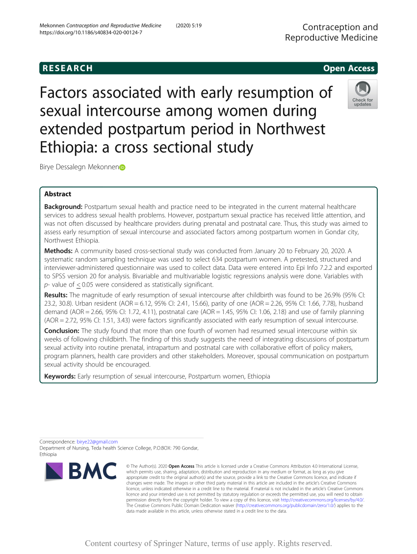 Pdf Factors Associated With Early Resumption Of Sexual Intercourse