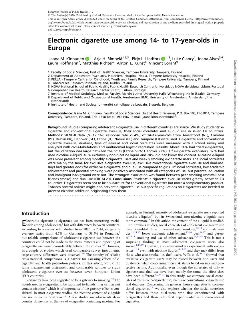 PDF Electronic cigarette use among 14 to 17 year olds in Europe