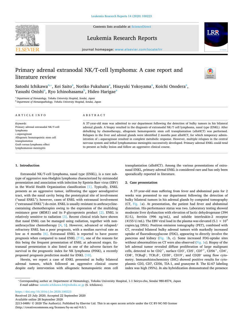 Pdf Primary Adrenal Extranodal Nkt Cell Lymphoma A Case Report And Literature Review 