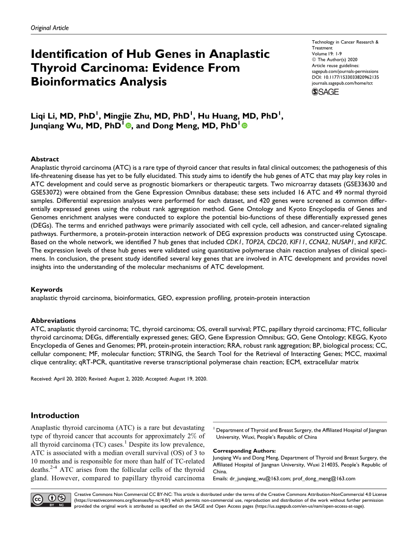 Pdf Identification Of Hub Genes In Anaplastic Thyroid Carcinoma Evidence From Bioinformatics