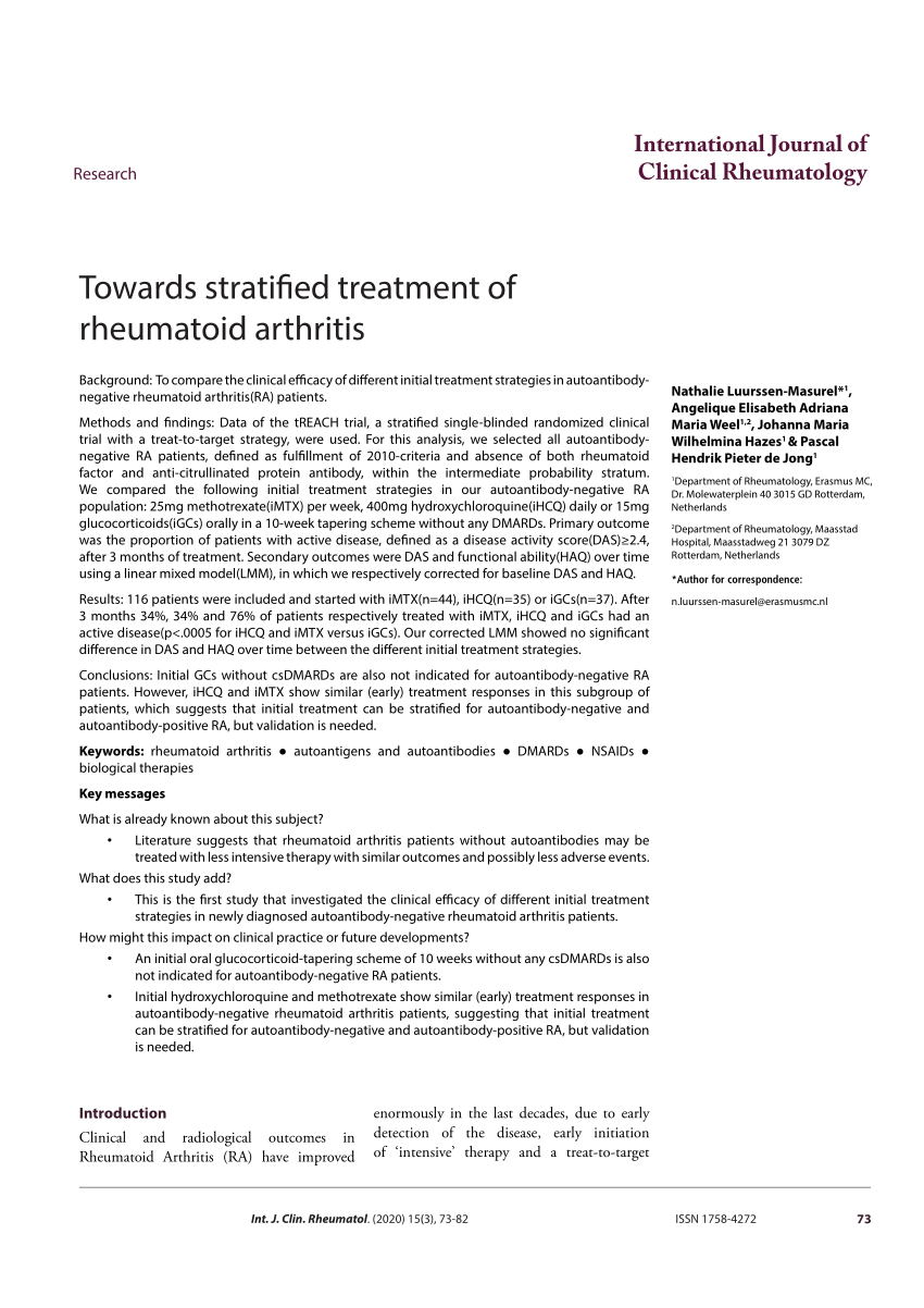 PDF) Towards stratified treatment of rheumatoid arthritis