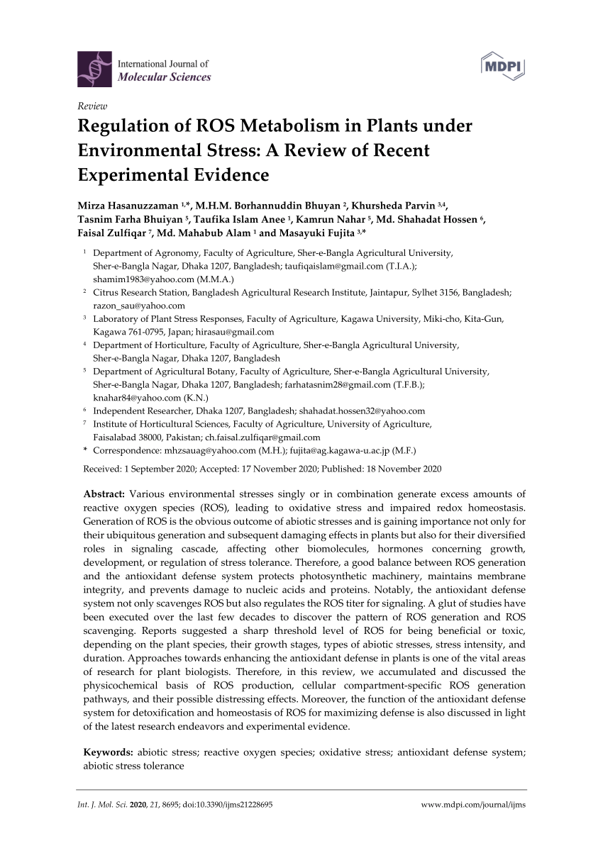 PDF) Regulation of ROS Metabolism in Plants under Environmental 