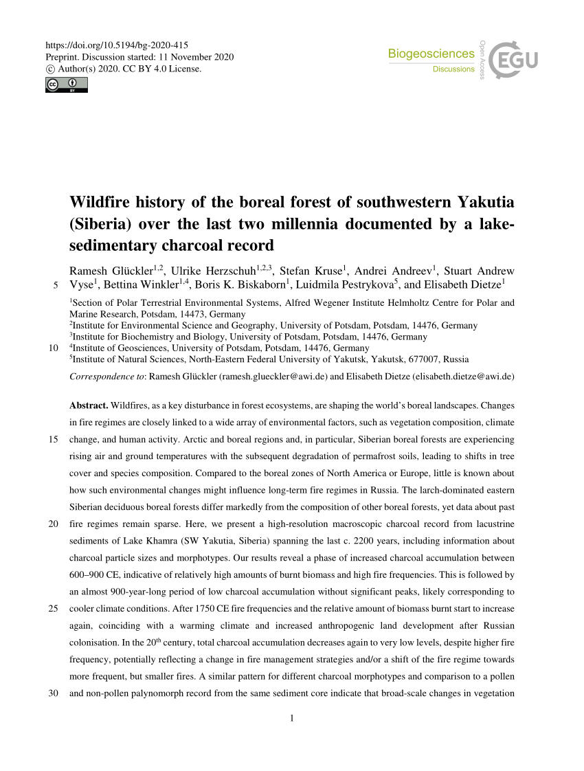 Pdf Wildfire History Of The Boreal Forest Of Southwestern Yakutia Siberia Over The Last Two Millennia Documented By A Lake Sedimentary Charcoal Record