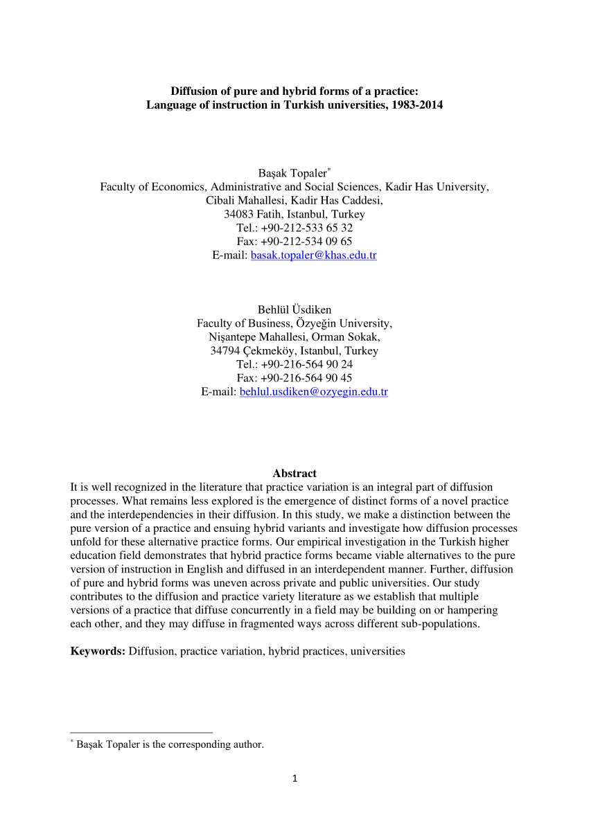 pdf diffusion of pure and hybrid forms of a practice language of instruction in turkish universities 1983 2014