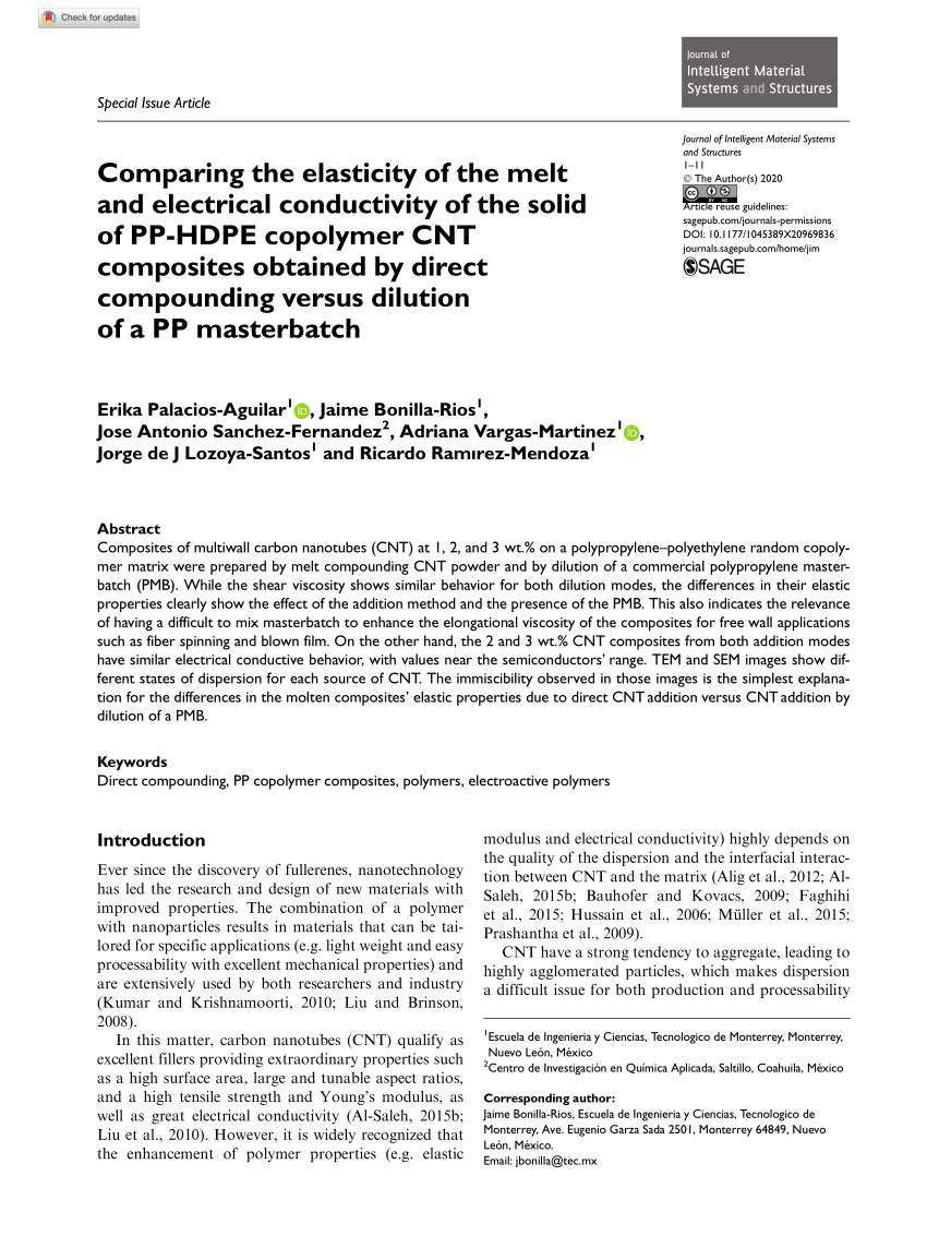 Pdf Comparing The Elasticity Of The Melt And Electrical Conductivity Of The Solid Of Pp Hdpe Copolymer Cnt Composites Obtained By Direct Compounding Versus Dilution Of A Pp Masterbatch