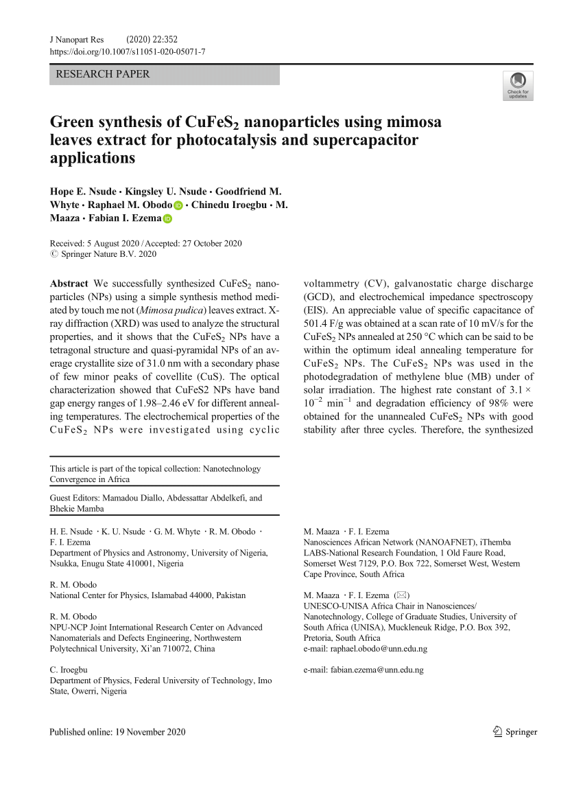 Pdf Green Synthesis Of Cufes 2 Nanoparticles Using Mimosa Leaves Extract For Photocatalysis And Supercapacitor Applications