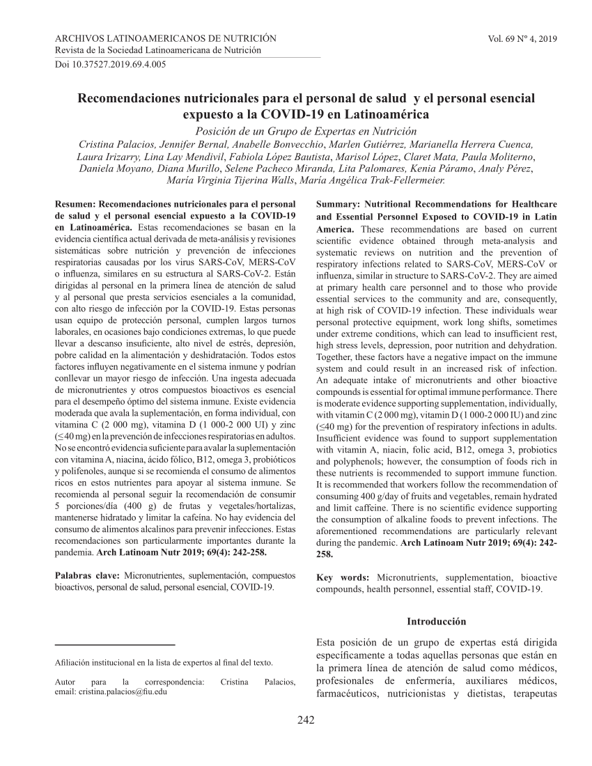 Pdf Summary Nutritional Recommendations For Healthcare And Essential Personnel Exposed To 9427