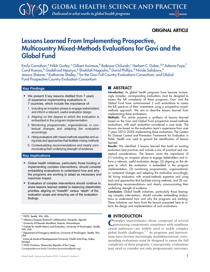 Pdf Lessons Learned From Implementing Prospective Multicountry Mixed Methods Evaluations For Gavi And The Global Fund