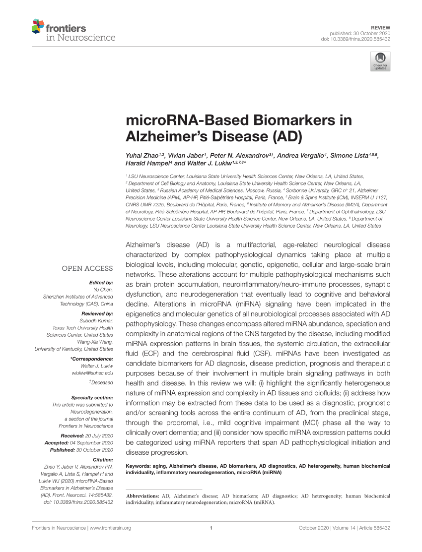 PDF microRNA Based Biomarkers in Alzheimer s Disease AD