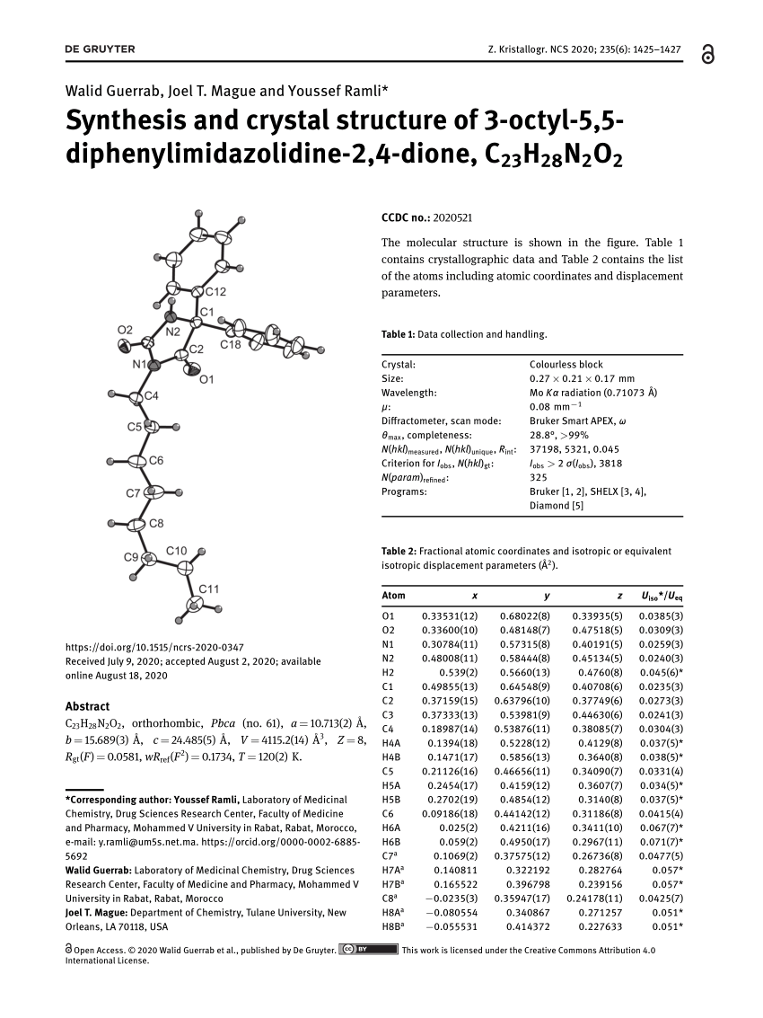 Pdf Synthesis And Crystal Structure Of 3 Octyl 5 5 Diphenylimidazolidine 2 4 Dione C23h28n2o2