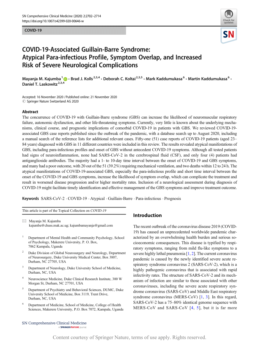 Covid 19 Associated Guillain Barre Syndrome Atypical Para Infectious Profile Symptom Overlap And Increased Risk Of Severe Neurological Complications Request Pdf