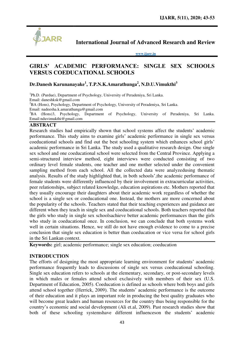 Pdf Girls Academic Performance Single Sex Schools Versus Coeducational Schools