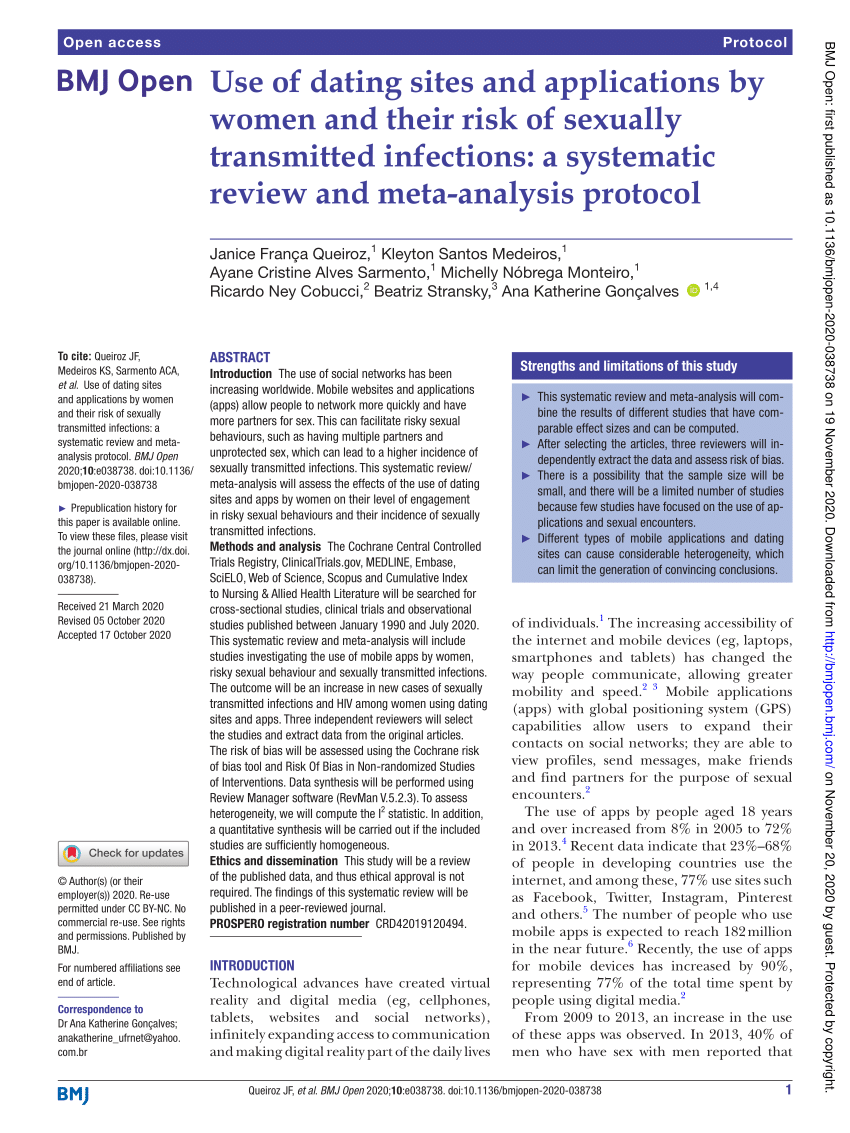 PDF) Use of dating sites and applications by women and their risk of  sexually transmitted infections: A systematic review and meta-analysis  protocol