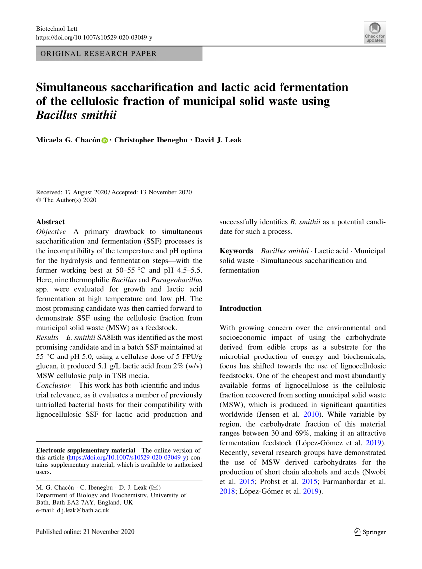 Pdf Simultaneous Saccharification And Lactic Acid Fermentation Of The Cellulosic Fraction Of Municipal Solid Waste Using Bacillus Smithii