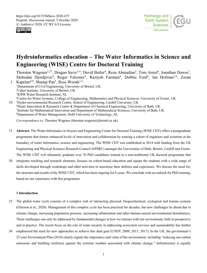 Pdf Hydroinformatics Education The Water Informatics In Science And Engineering Wise Centre For Doctoral Training