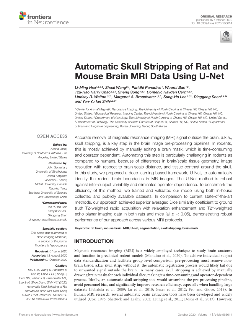 Frontiers  Automated Skull Stripping in Mouse Functional Magnetic  Resonance Imaging Analysis Using 3D U-Net