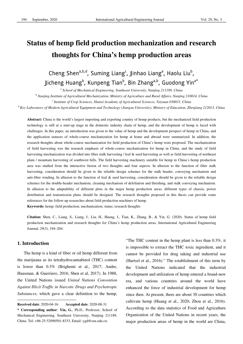 Pdf Status Of Hemp Field Production Mechanization And Research Thoughts For China S Hemp Production Areas