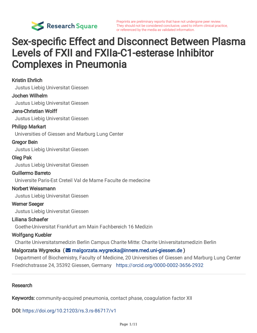 Pdf Sex Specific Effect And Disconnect Between Plasma Levels Of Fxii And Fxiia C1 Esterase 4913