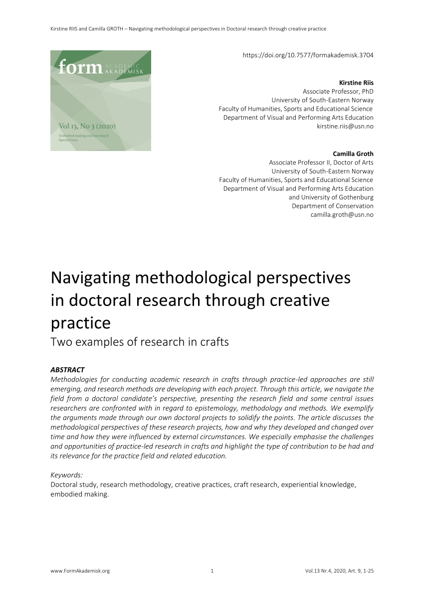 hjemmehørende blive irriteret tæmme PDF) Navigating methodological perspectives in Doctoral research through  creative practice: Two examples of research in crafts