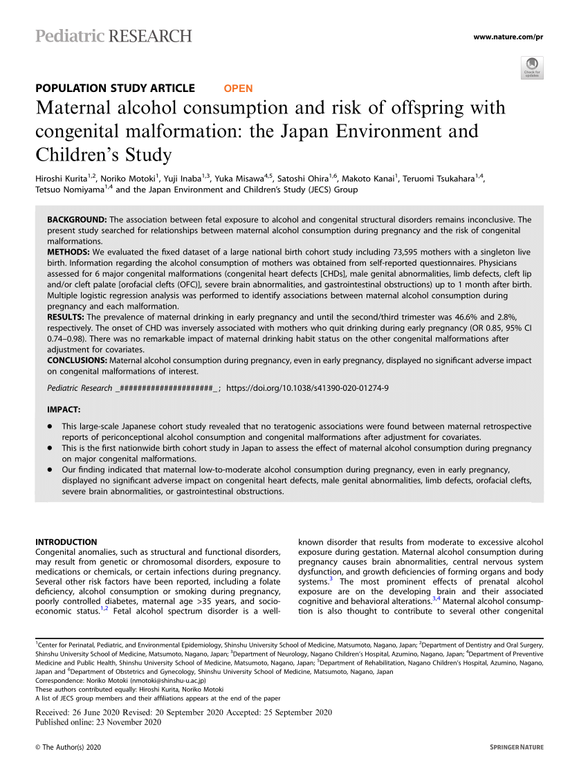 PDF) Maternal alcohol consumption and risk of offspring with congenital  malformation: the Japan Environment and Children's Study