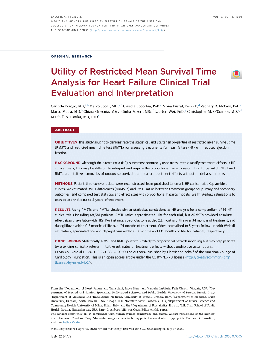 Pdf Utility Of Restricted Mean Survival Time Analysis For Heart Failure Clinical Trial Evaluation And Interpretation