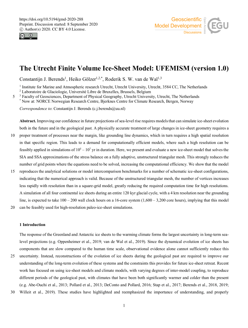 Pdf The Utrecht Finite Volume Ice Sheet Model Ufemism Version 1 0