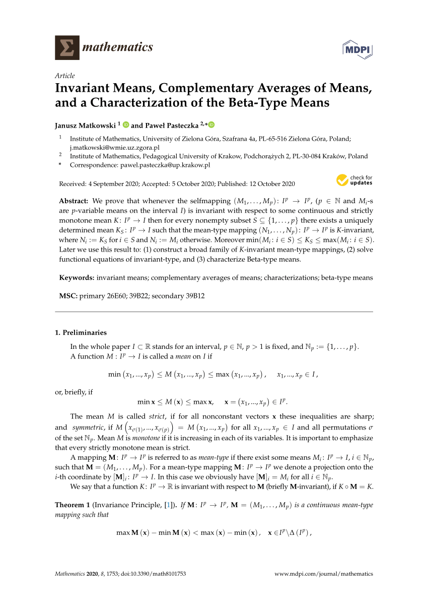 Pdf Invariant Means Complementary Averages Of Means And A Characterization Of The Beta Type Means