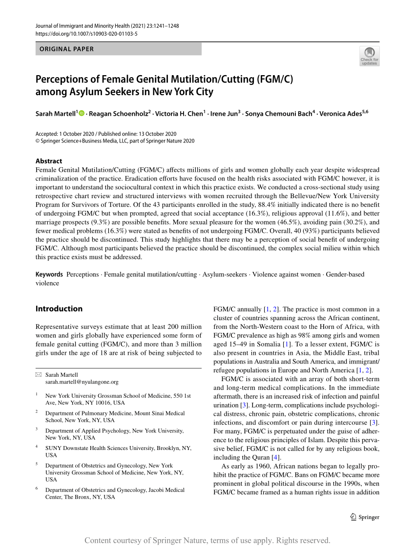 Perceptions Of Female Genital Mutilationcutting Fgmc Among Asylum Seekers In New York City 