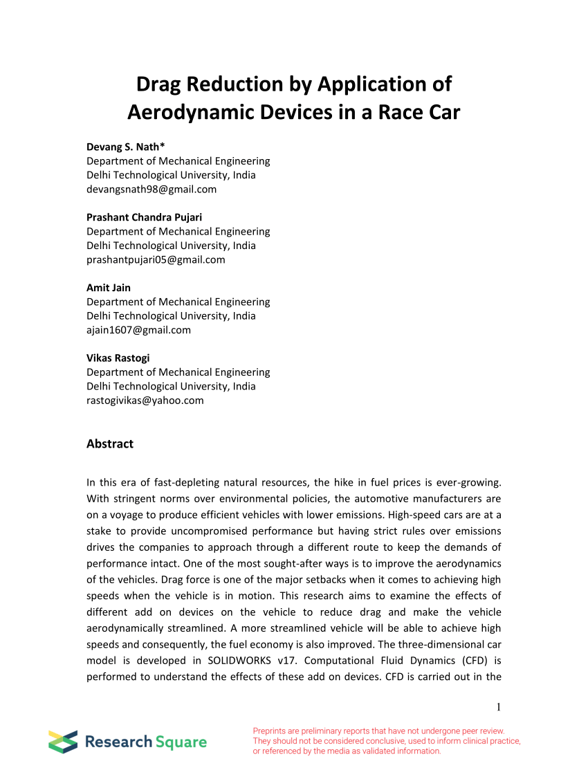 Pdf Drag Reduction By Application Of Aerodynamic Devices In A Race Car