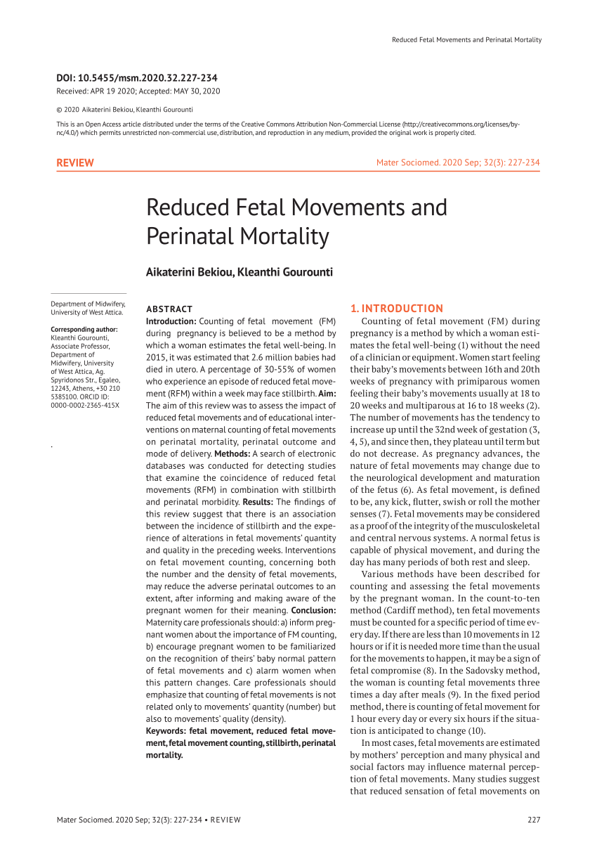 Pdf Reduced Fetal Movements And Perinatal Mortality