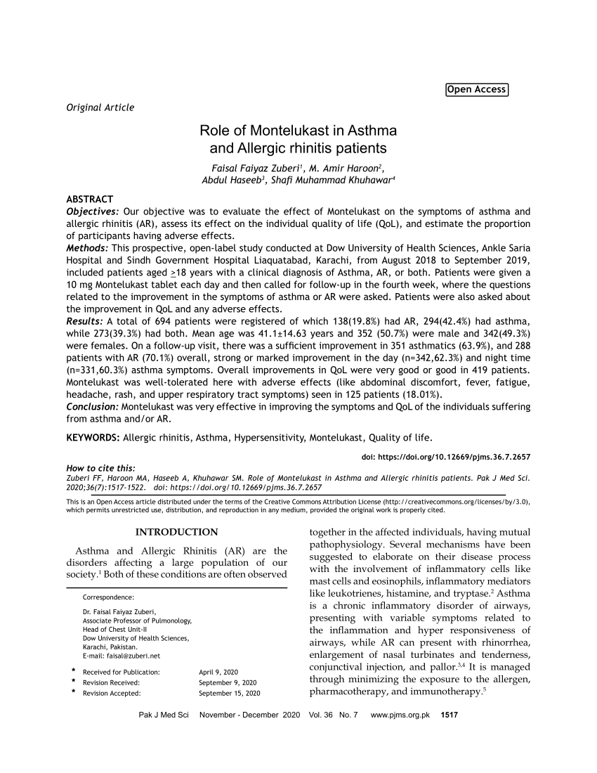 (PDF) Role of Montelukast in Asthma and Allergic rhinitis patients