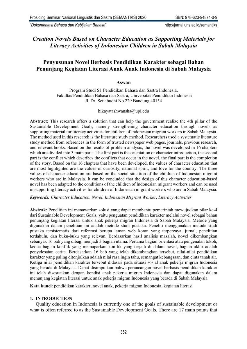 Pdf Creation Novels Based On Character Education As Supporting Materials For Literacy Activities Of Indonesian Children In Sabah Malaysia