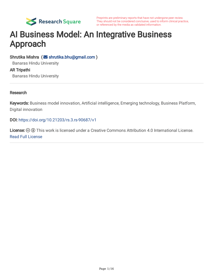 Pdf Ai Business Model An Integrative Business Approach