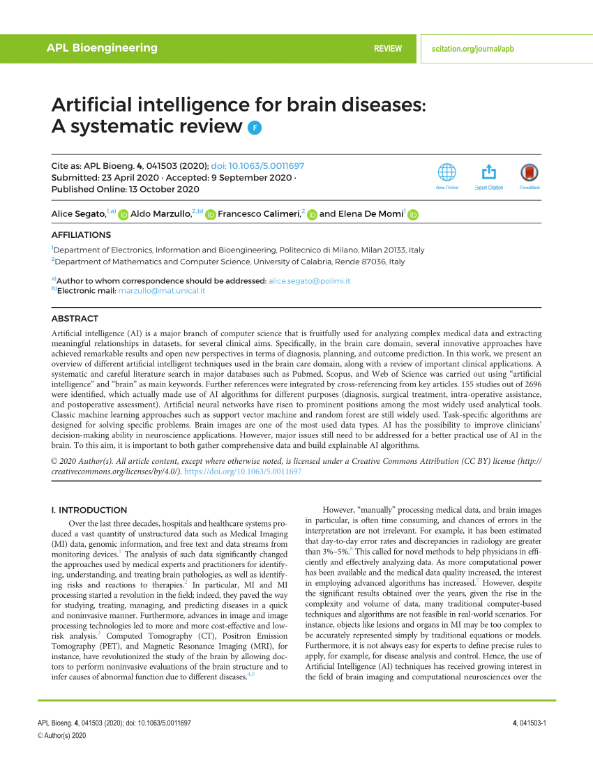 Pdf Artificial Intelligence For Brain Diseases A Systematic Review