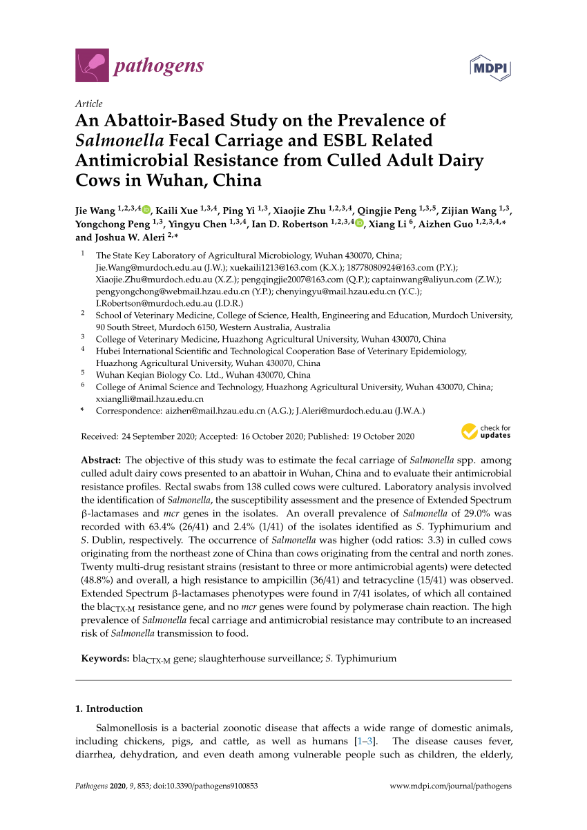 PDF) An Study on the Prevalence of Salmonella Fecal Carriage and ESBL Related Antimicrobial Resistance from Culled Adult Dairy Cows in Wuhan, China