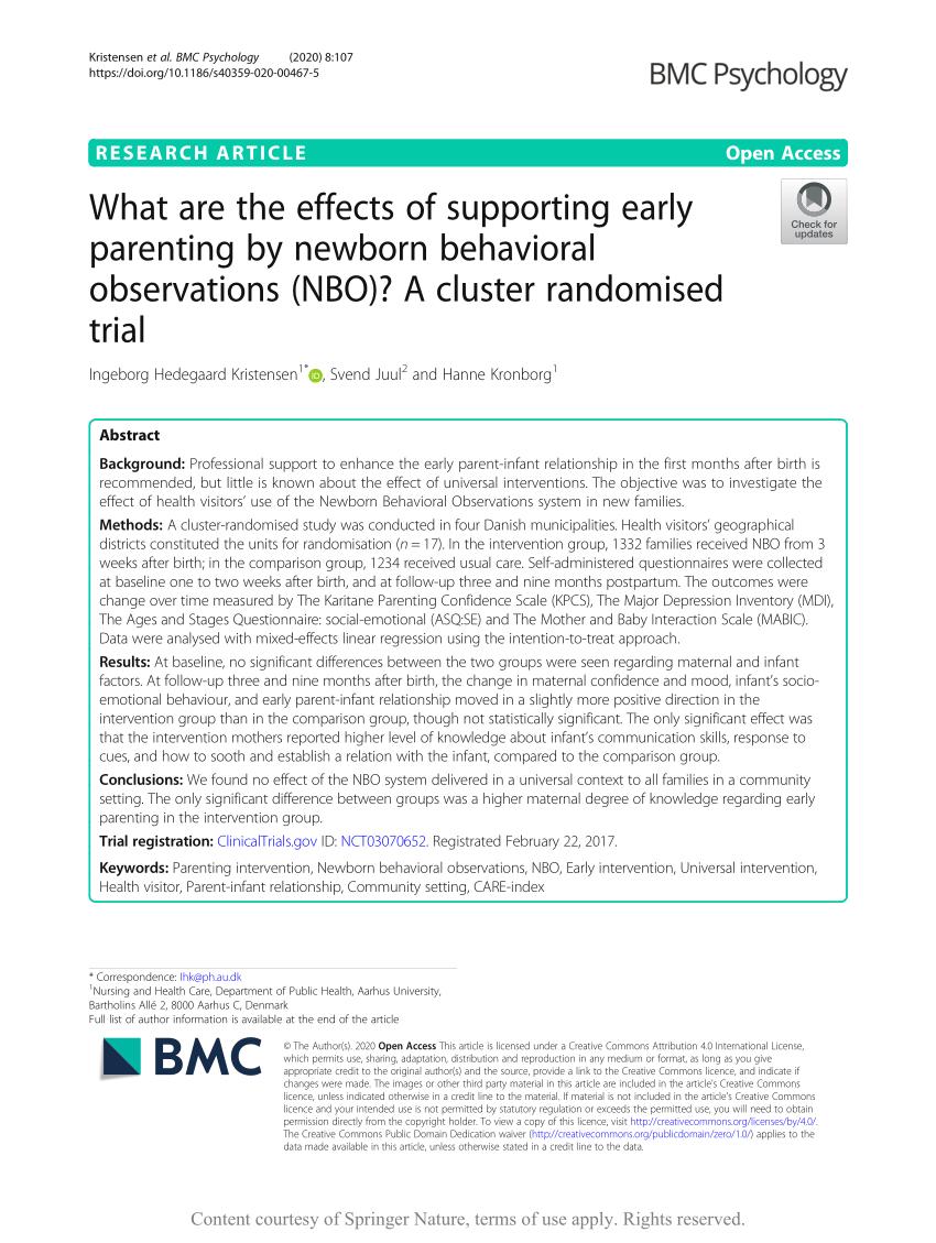 PDF) What are the effects supporting early by newborn behavioral observations (NBO)? A cluster randomised trial
